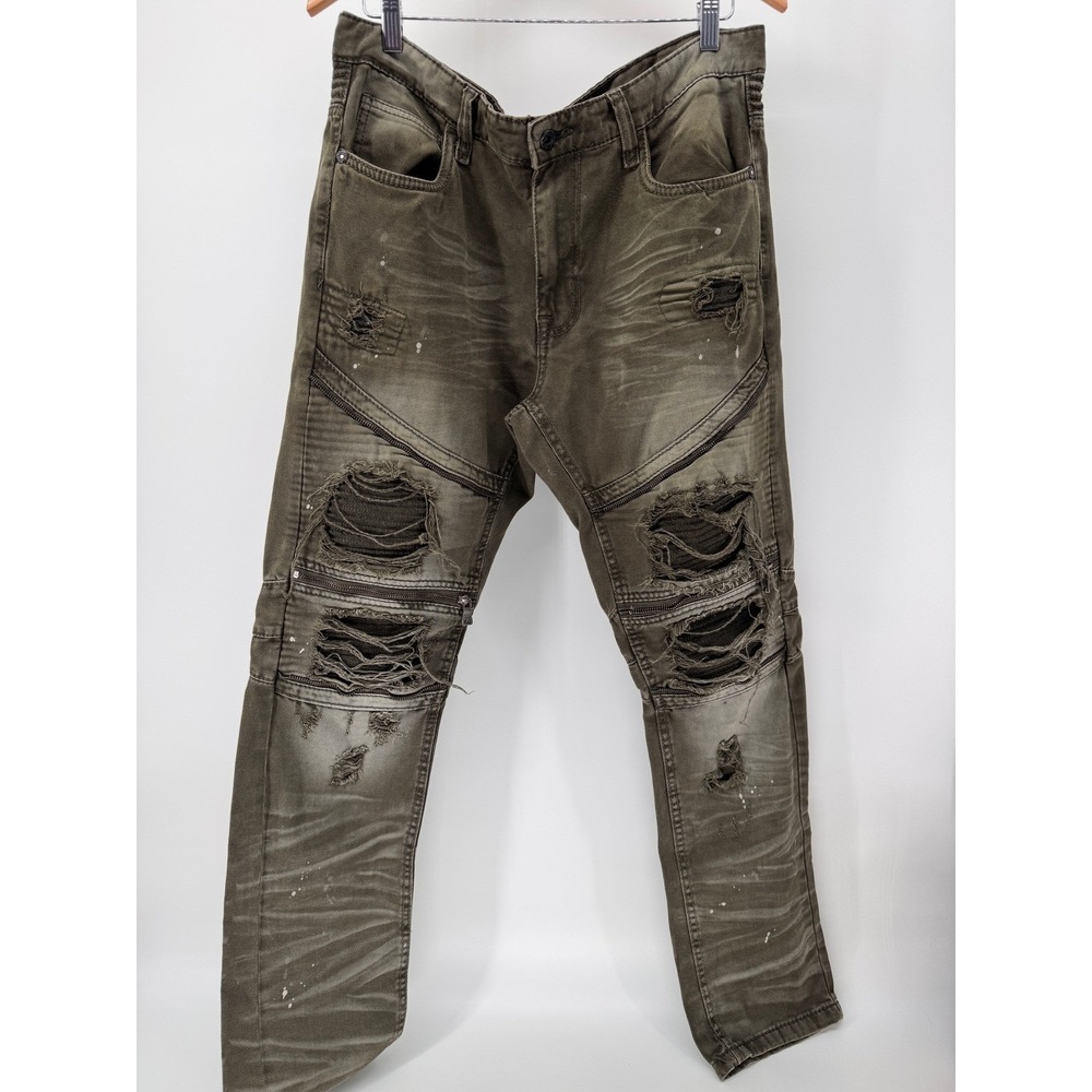 Smoke Rise Jeans Mens 36x32 Olive Green Biker Moto  Distressed Zipper